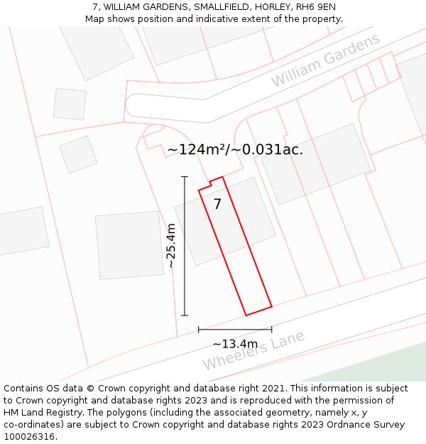 7, WILLIAM GARDENS, SMALLFIELD, HORLEY, RH6 9EN: Plot and title map