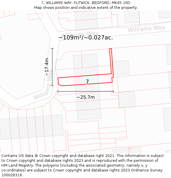 7, WILLIAMS WAY, FLITWICK, BEDFORD, MK45 1XD: Plot and title map