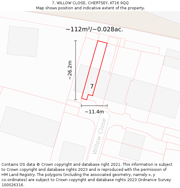 7, WILLOW CLOSE, CHERTSEY, KT16 9QQ: Plot and title map