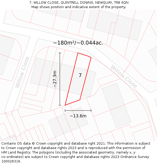 7, WILLOW CLOSE, QUINTRELL DOWNS, NEWQUAY, TR8 4QN: Plot and title map