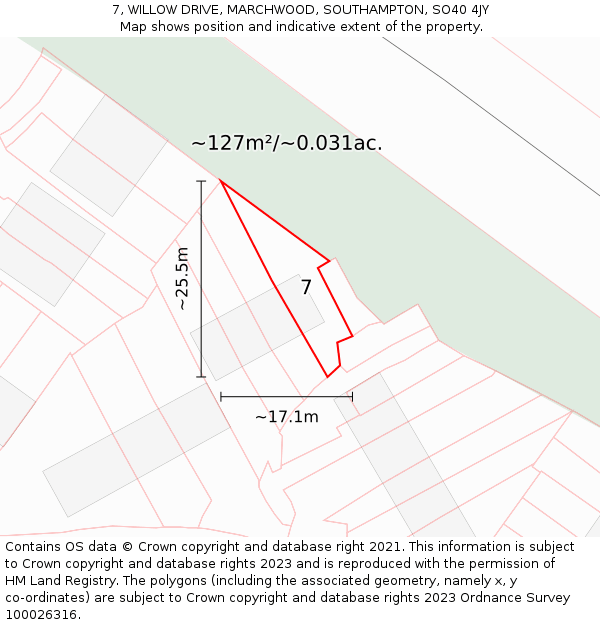 7, WILLOW DRIVE, MARCHWOOD, SOUTHAMPTON, SO40 4JY: Plot and title map
