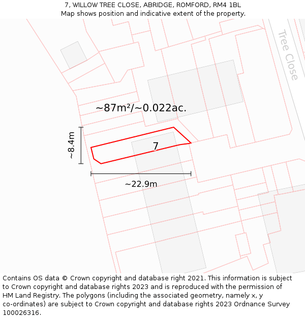 7, WILLOW TREE CLOSE, ABRIDGE, ROMFORD, RM4 1BL: Plot and title map