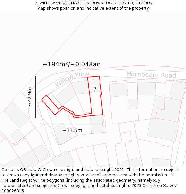 7, WILLOW VIEW, CHARLTON DOWN, DORCHESTER, DT2 9FQ: Plot and title map