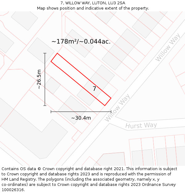 7, WILLOW WAY, LUTON, LU3 2SA: Plot and title map