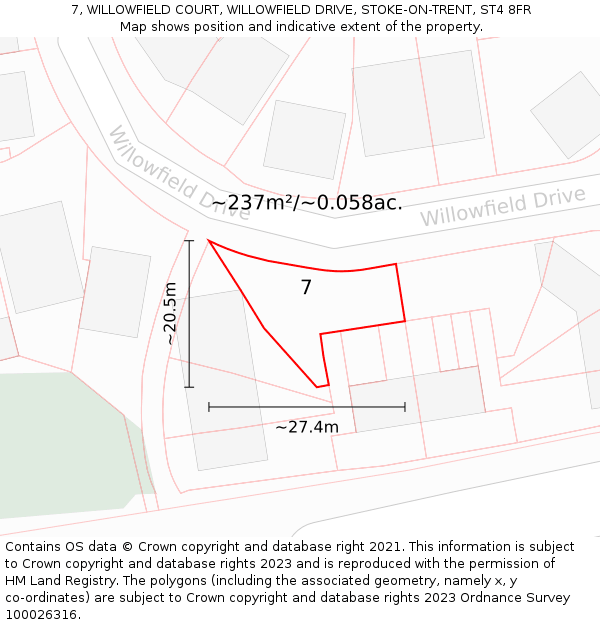 7, WILLOWFIELD COURT, WILLOWFIELD DRIVE, STOKE-ON-TRENT, ST4 8FR: Plot and title map