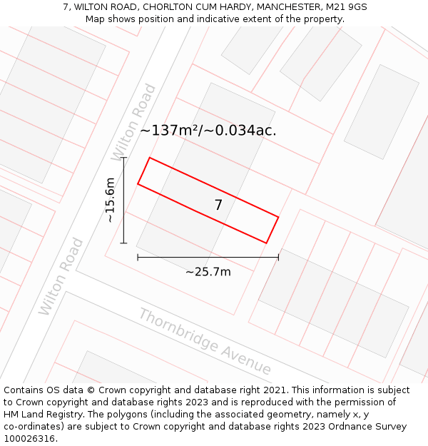 7, WILTON ROAD, CHORLTON CUM HARDY, MANCHESTER, M21 9GS: Plot and title map