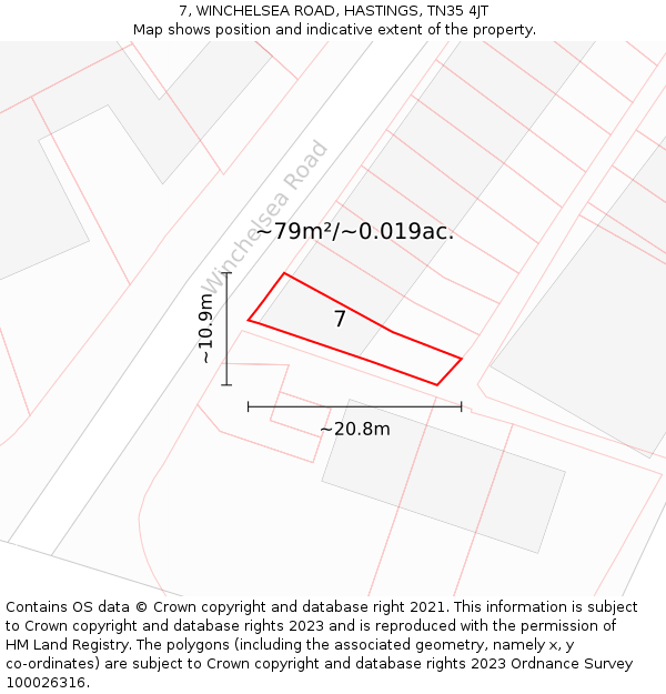 7, WINCHELSEA ROAD, HASTINGS, TN35 4JT: Plot and title map