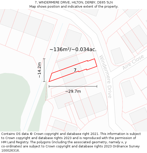 7, WINDERMERE DRIVE, HILTON, DERBY, DE65 5LN: Plot and title map