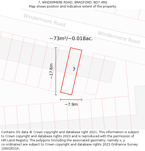 7, WINDERMERE ROAD, BRADFORD, BD7 4RQ: Plot and title map