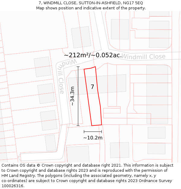 7, WINDMILL CLOSE, SUTTON-IN-ASHFIELD, NG17 5EQ: Plot and title map