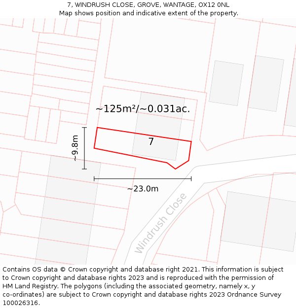 7, WINDRUSH CLOSE, GROVE, WANTAGE, OX12 0NL: Plot and title map
