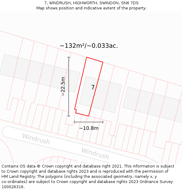 7, WINDRUSH, HIGHWORTH, SWINDON, SN6 7DS: Plot and title map