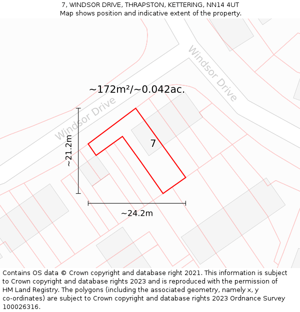 7, WINDSOR DRIVE, THRAPSTON, KETTERING, NN14 4UT: Plot and title map