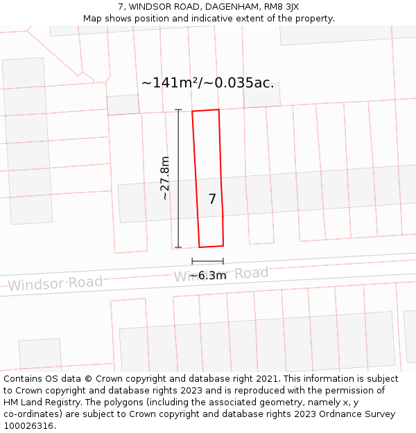 7, WINDSOR ROAD, DAGENHAM, RM8 3JX: Plot and title map