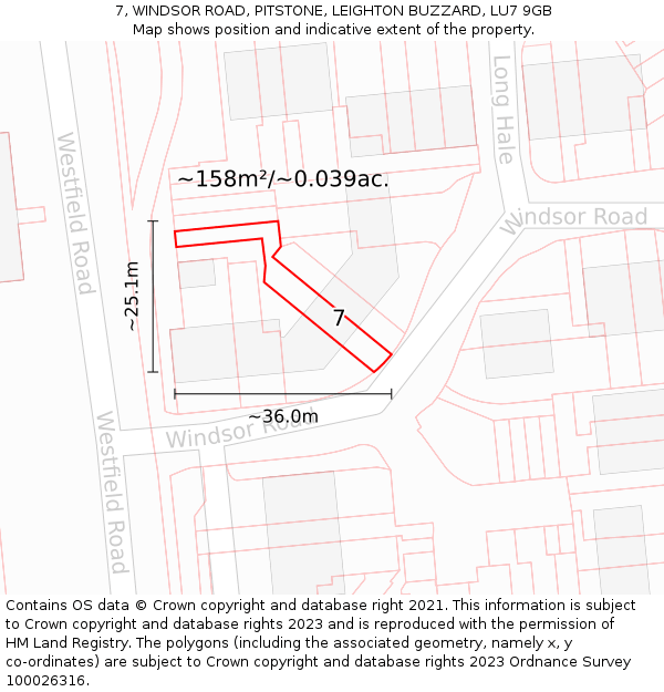 7, WINDSOR ROAD, PITSTONE, LEIGHTON BUZZARD, LU7 9GB: Plot and title map