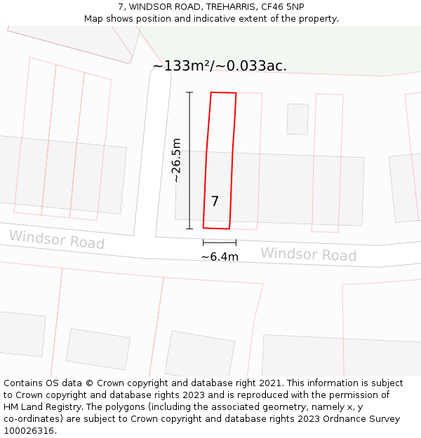 7, WINDSOR ROAD, TREHARRIS, CF46 5NP: Plot and title map
