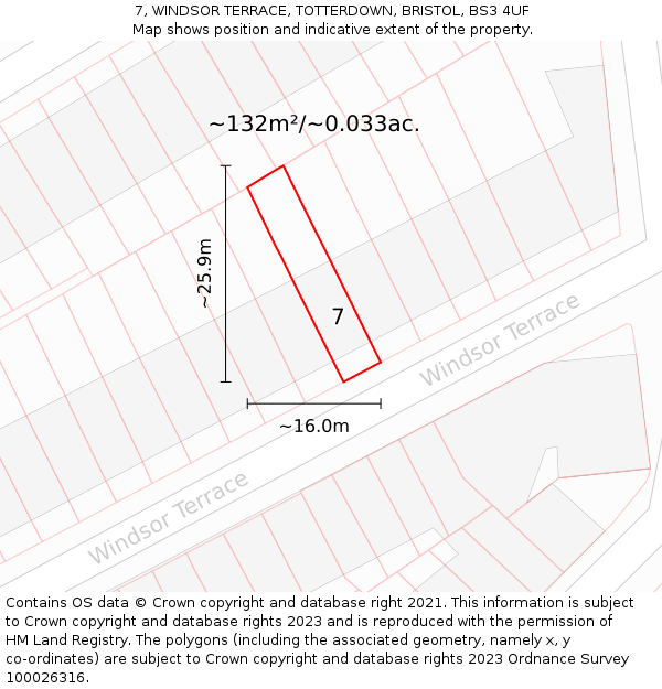 7, WINDSOR TERRACE, TOTTERDOWN, BRISTOL, BS3 4UF: Plot and title map