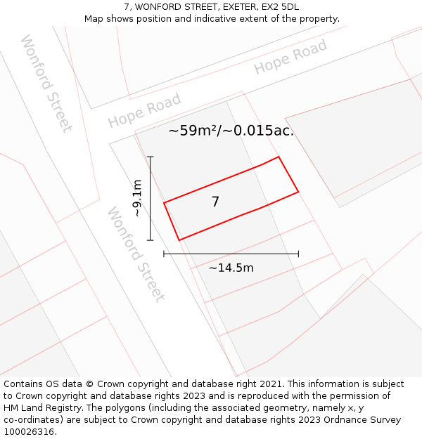 7, WONFORD STREET, EXETER, EX2 5DL: Plot and title map