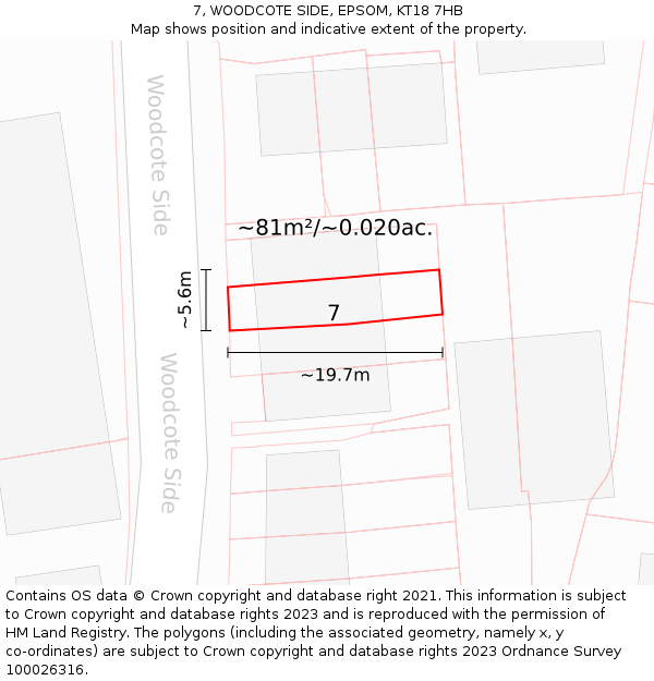 7, WOODCOTE SIDE, EPSOM, KT18 7HB: Plot and title map