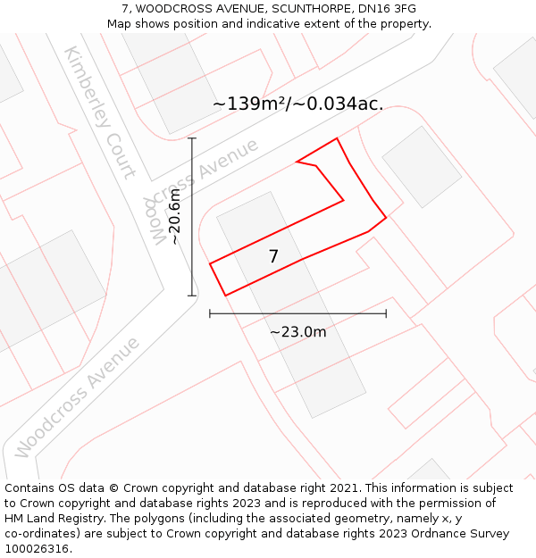 7, WOODCROSS AVENUE, SCUNTHORPE, DN16 3FG: Plot and title map