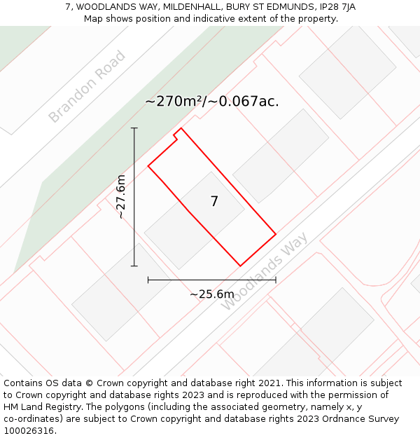 7, WOODLANDS WAY, MILDENHALL, BURY ST EDMUNDS, IP28 7JA: Plot and title map
