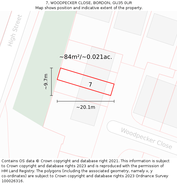 7, WOODPECKER CLOSE, BORDON, GU35 0UR: Plot and title map