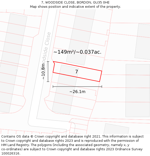 7, WOODSIDE CLOSE, BORDON, GU35 0HE: Plot and title map