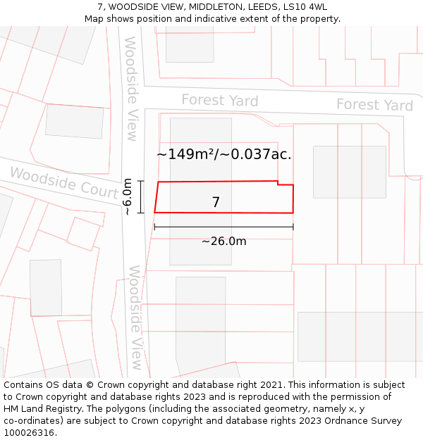 7, WOODSIDE VIEW, MIDDLETON, LEEDS, LS10 4WL: Plot and title map
