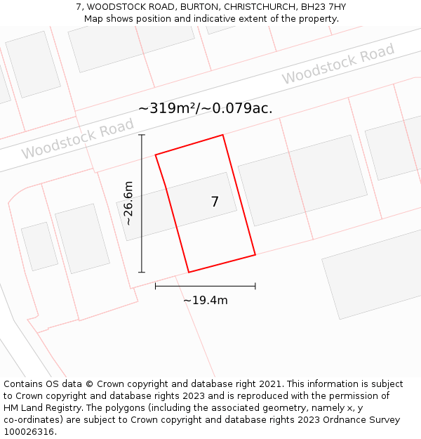7, WOODSTOCK ROAD, BURTON, CHRISTCHURCH, BH23 7HY: Plot and title map