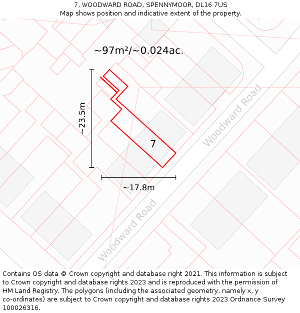 7, WOODWARD ROAD, SPENNYMOOR, DL16 7US: Plot and title map