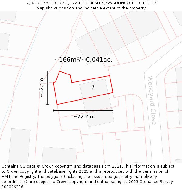 7, WOODYARD CLOSE, CASTLE GRESLEY, SWADLINCOTE, DE11 9HR: Plot and title map