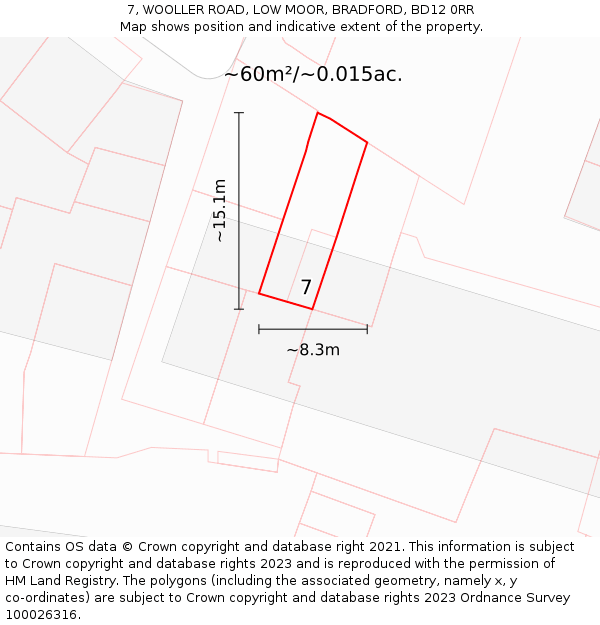 7, WOOLLER ROAD, LOW MOOR, BRADFORD, BD12 0RR: Plot and title map