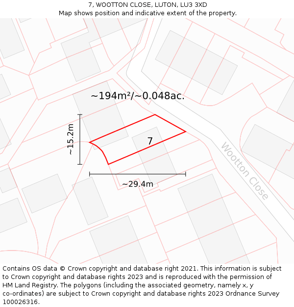 7, WOOTTON CLOSE, LUTON, LU3 3XD: Plot and title map