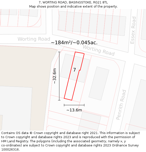 7, WORTING ROAD, BASINGSTOKE, RG21 8TL: Plot and title map