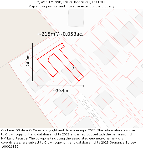 7, WREN CLOSE, LOUGHBOROUGH, LE11 3HL: Plot and title map