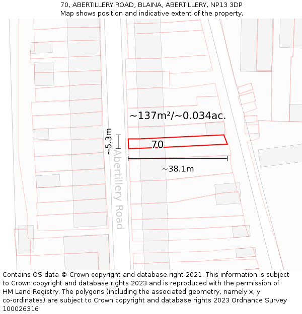 70, ABERTILLERY ROAD, BLAINA, ABERTILLERY, NP13 3DP: Plot and title map