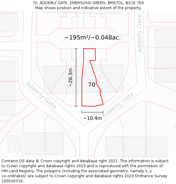 70, ADDERLY GATE, EMERSONS GREEN, BRISTOL, BS16 7EA: Plot and title map