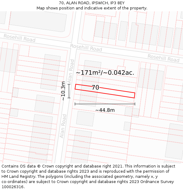 70, ALAN ROAD, IPSWICH, IP3 8EY: Plot and title map
