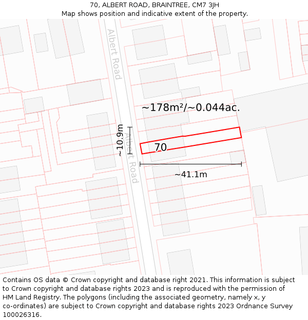 70, ALBERT ROAD, BRAINTREE, CM7 3JH: Plot and title map