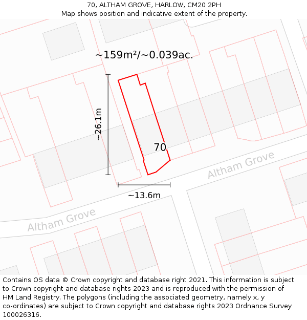 70, ALTHAM GROVE, HARLOW, CM20 2PH: Plot and title map