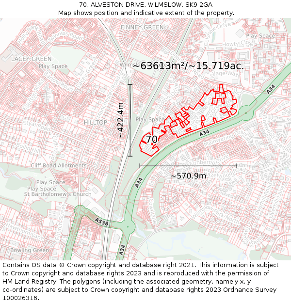 70, ALVESTON DRIVE, WILMSLOW, SK9 2GA: Plot and title map