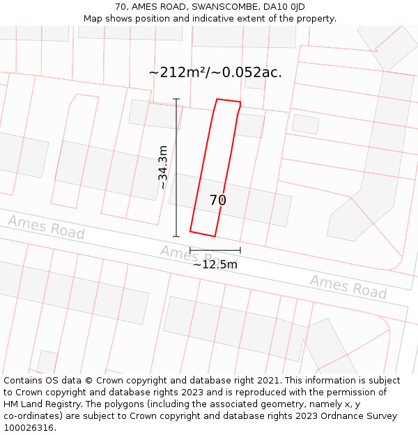 70, AMES ROAD, SWANSCOMBE, DA10 0JD: Plot and title map