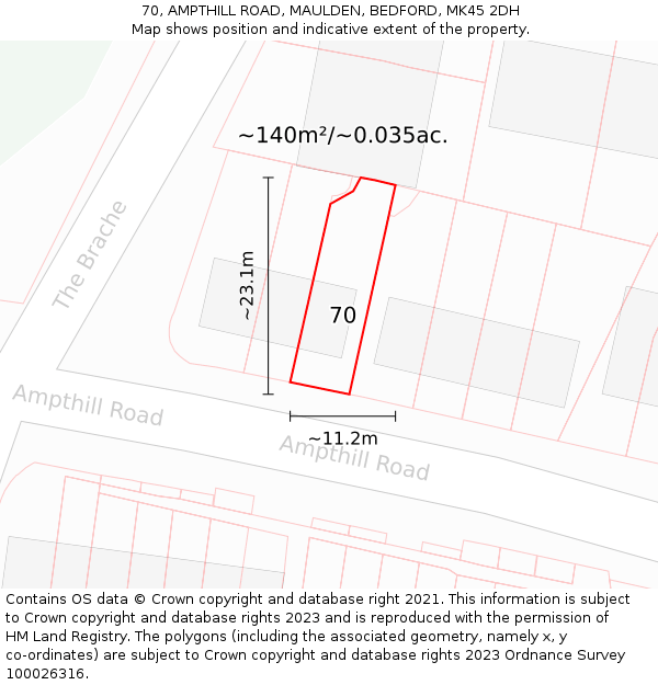 70, AMPTHILL ROAD, MAULDEN, BEDFORD, MK45 2DH: Plot and title map