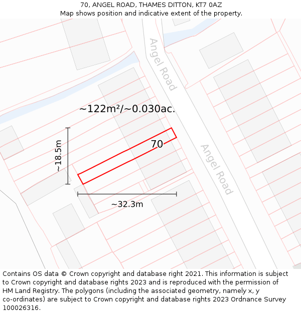 70, ANGEL ROAD, THAMES DITTON, KT7 0AZ: Plot and title map
