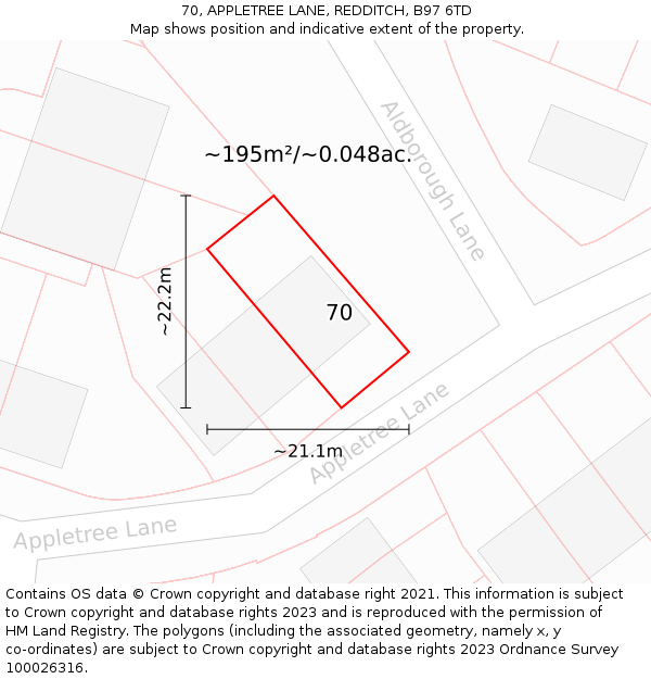 70, APPLETREE LANE, REDDITCH, B97 6TD: Plot and title map