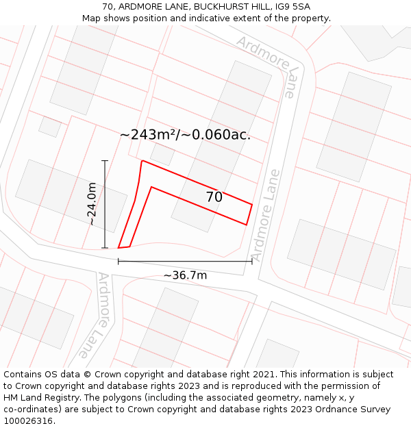 70, ARDMORE LANE, BUCKHURST HILL, IG9 5SA: Plot and title map
