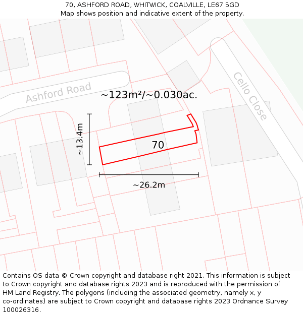 70, ASHFORD ROAD, WHITWICK, COALVILLE, LE67 5GD: Plot and title map