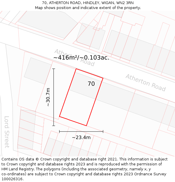 70, ATHERTON ROAD, HINDLEY, WIGAN, WN2 3RN: Plot and title map