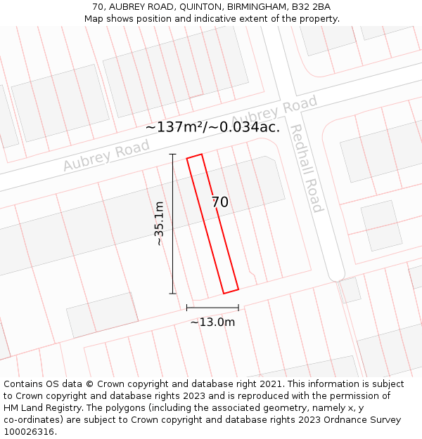70, AUBREY ROAD, QUINTON, BIRMINGHAM, B32 2BA: Plot and title map