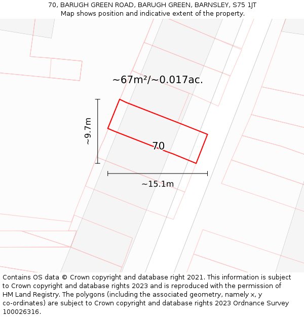 70, BARUGH GREEN ROAD, BARUGH GREEN, BARNSLEY, S75 1JT: Plot and title map